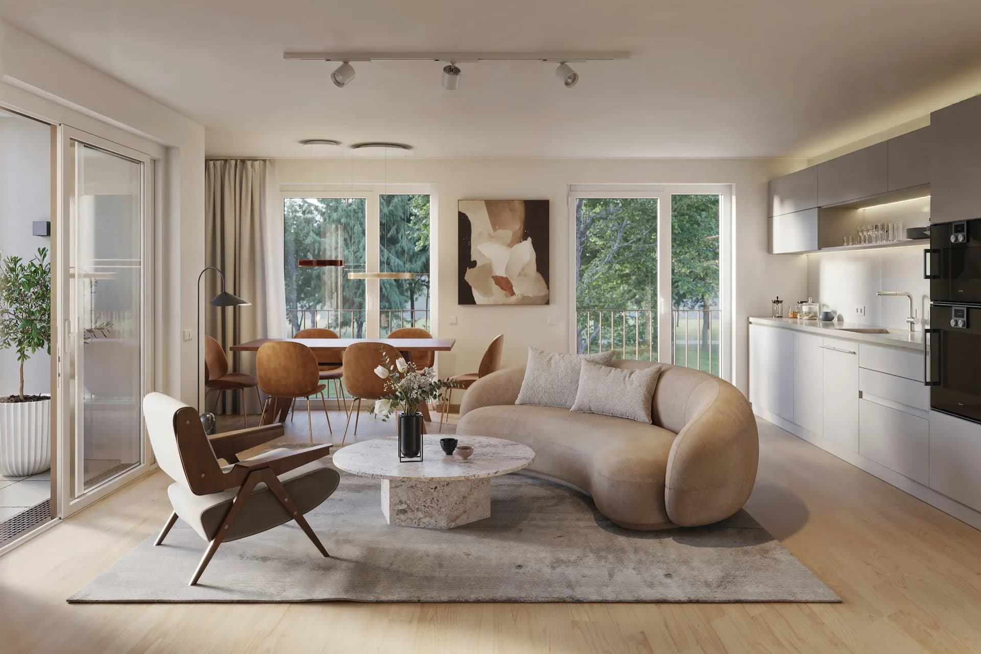 Modernes Wohnzimmer einer Eigentumswohnung im Projekt Kurpark